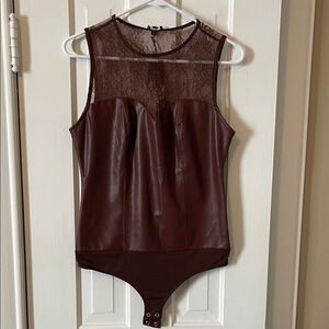 Express Brown Sleeveless Bodysuit with Lace Detail
